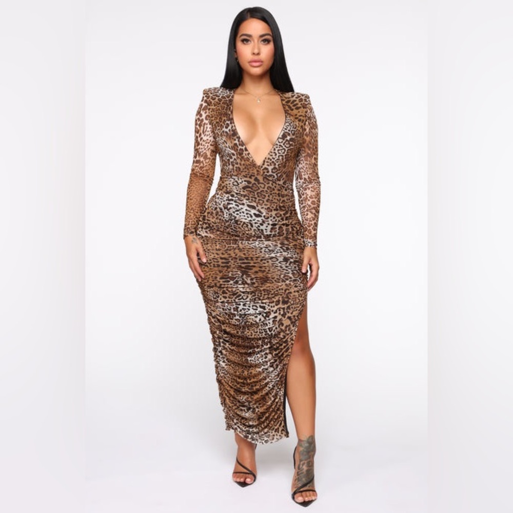 Fashion Nova Leopard Print Long Sleeve Dress